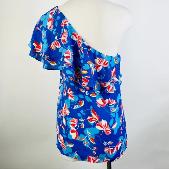 Rose + Olive Floral Blue One Shoulder‎ Flounce Top Size Small - Picture 6 of 7